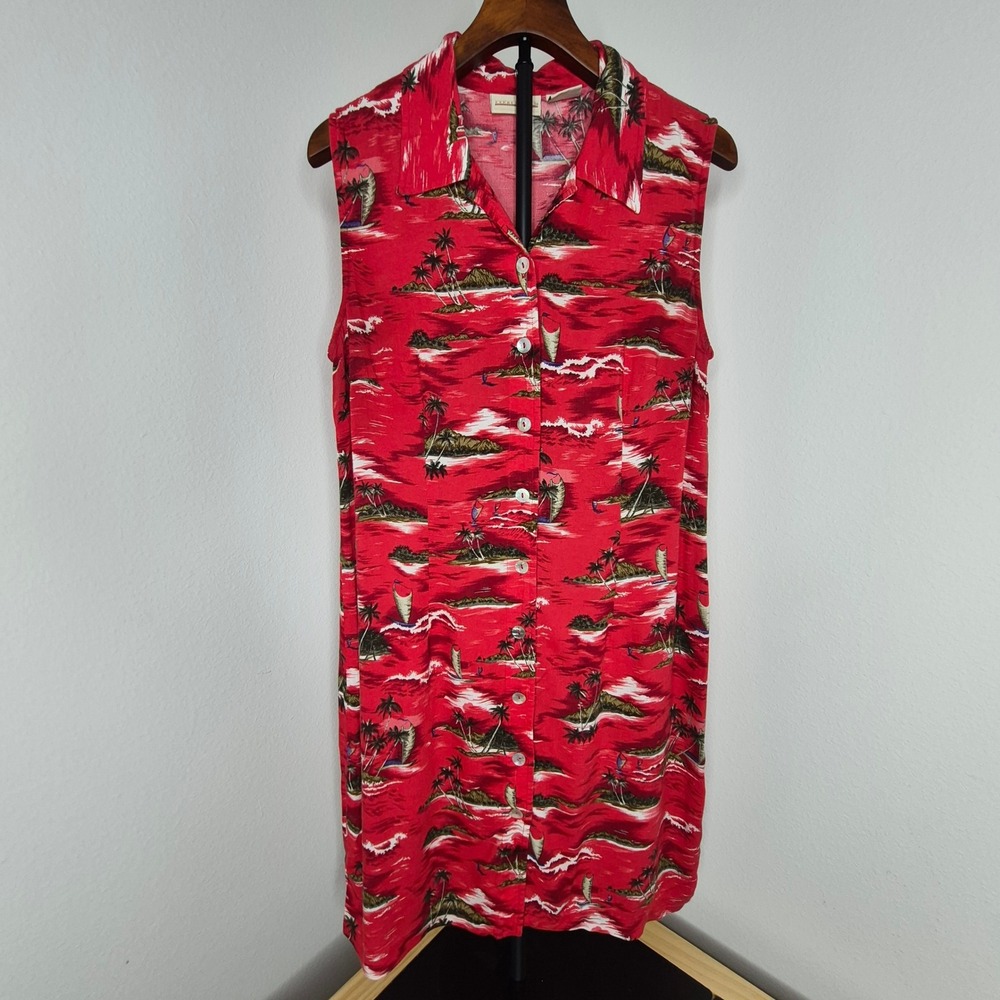 Expressions Red Tropical Island Palm Tree Rayon Button Front Dress Hawaiian 12